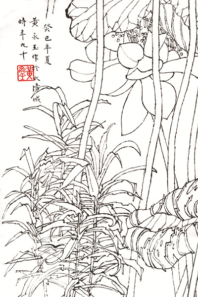 黄永玉90岁所画丈二荷花（局部）