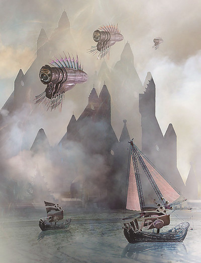 “丝绸朋克”概念图：中式山水中梭巡着鱼龙飞艇与鲸头船