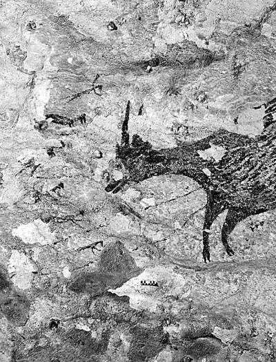 梁布鲁西蓬4号岩画“场景”的细节：六个带有动物元素的小型人形图像（左侧）面对一只矮水牛（右侧），四个小型人像手持细长物件，其中下方两个与矮水牛的颈部或肩部相连。这些线条似乎代表矛或绳索，可解释为狩猎场景的表征。图片由亚当·布鲁姆教授提供