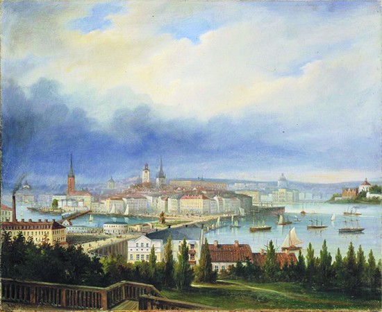 莫瑟坡景色（油画）， 保尔·埃米尔·瓦伦斯特罗勒1875年作。在莫瑟坡，可以鸟瞰斯德哥尔摩南城