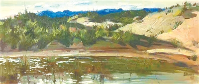 图为油画《水草地》,作者孙立新。